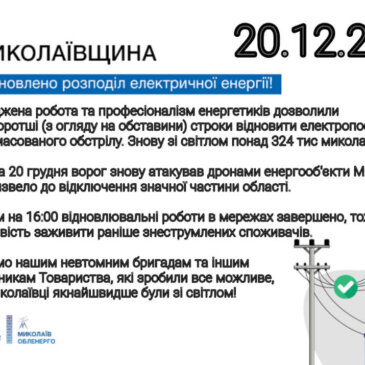 Оперативна інформація щодо електропостачання після ворожого обстрілу в ніч на 20 грудня